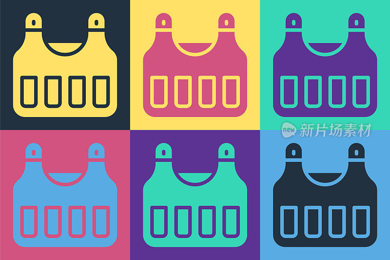 Pop art Bulletproof vest for protection from bullets icon isolated on color background. Body armor sign. Military clothing. Vector